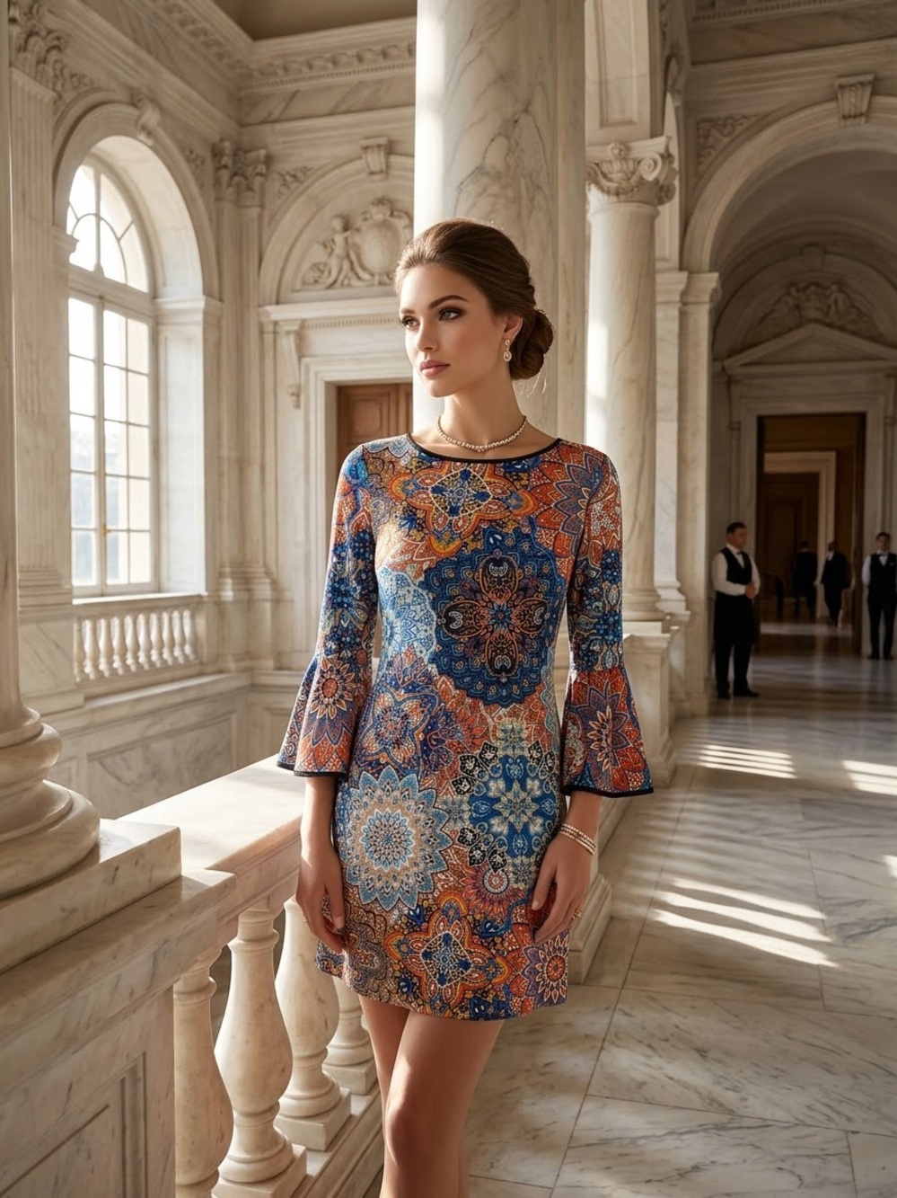 MSK Mosaic-Print Bell-Sleeve Mini Dress - Blue & Orange